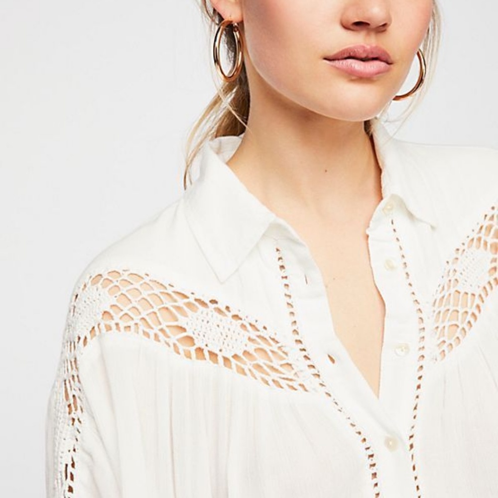 New Free People Katie Bird Buttondown Crochet Top - Picture 2 of 7